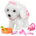 Walking and barking white plush dog toy for girls with pink bow and lace dress, comes with grooming accessories including a bowl, bone, mirror, hair dryer, stethoscope, and brush.