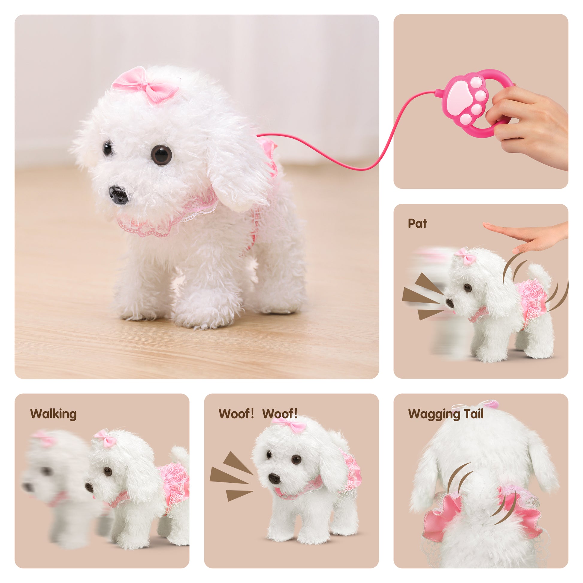 Interactive walking and barking toy dog for kids, featuring remote control operation with paw-shaped controller, responsive to touch (pat to trigger barking), walking motion, realistic “Woof! Woof!” sounds, and wagging tail animation.