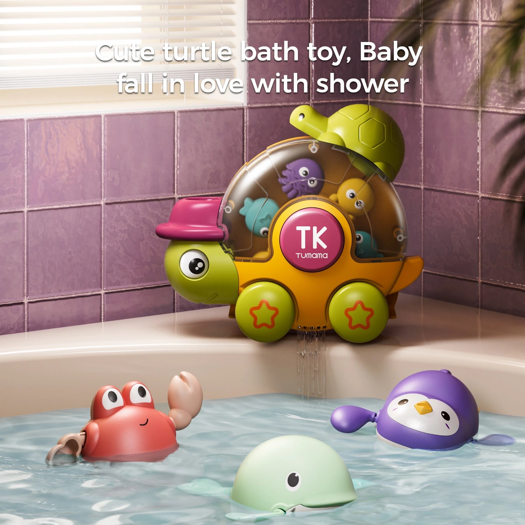 Wind-up feature in bath toy for toddler bath enjoyment
