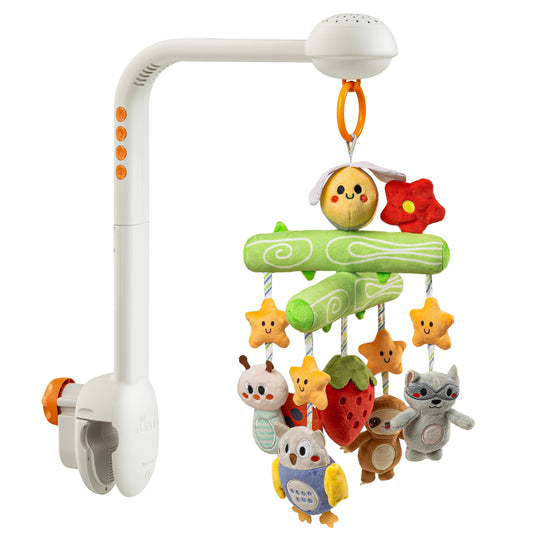 A colorful musical crib mobile featuring plush toys of a ladybug, owl, raccoon, and sloth, attached to a white crib arm with buttons for music and gentle rotation. Perfect for soothing and engaging babies.