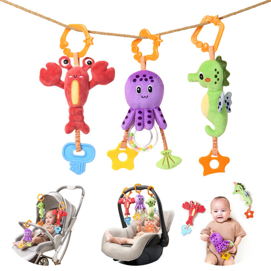 Babyspielzeug, hängendes Plüschtier für Kinderbett, Kinderwagen, Autositz, weiche Babyrassel, Beißring, Seepferdchen, Oktopus, Hummer, Spielzeugset für Neugeborene ab 0 Monaten