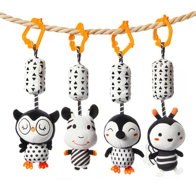 Black and white high contrast plush hanging toy rattles cow owl penguin bee