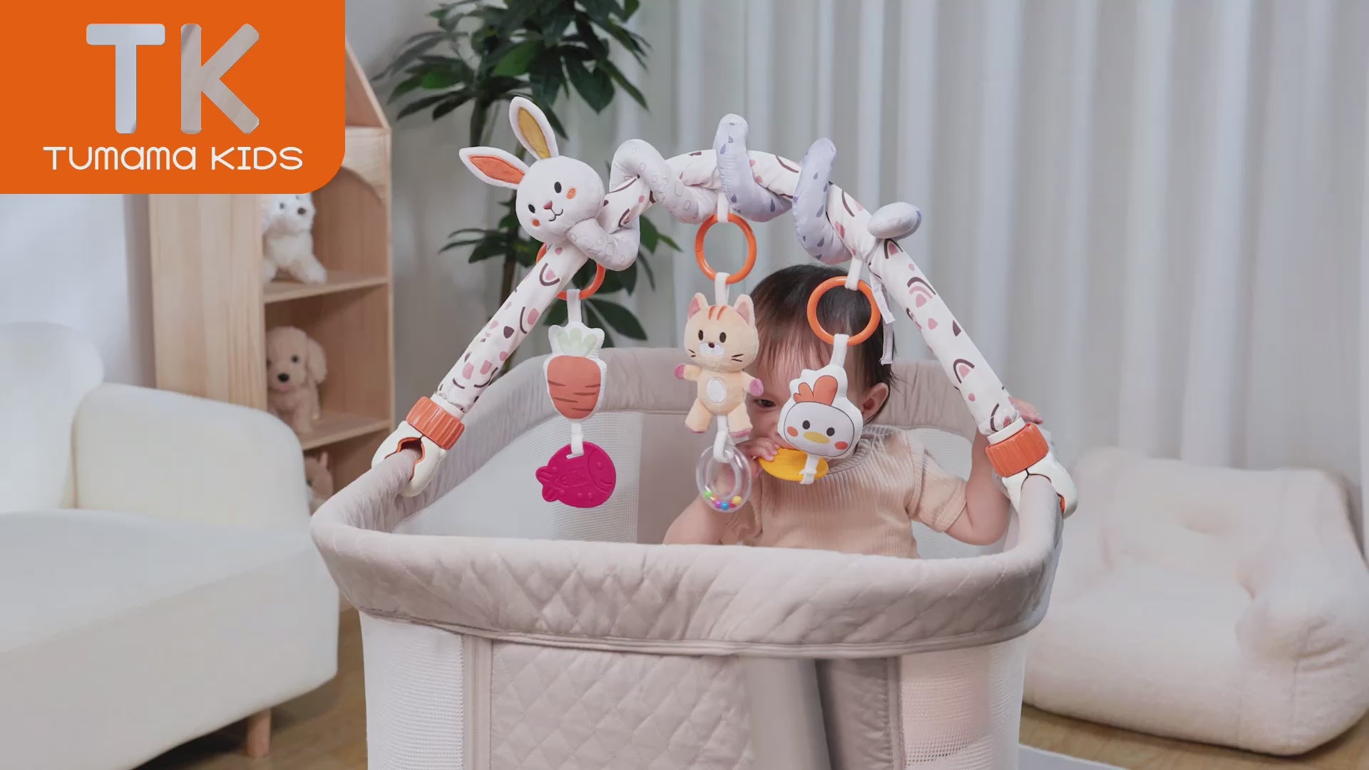 Video shows baby playing with Bunny Plush Spiral Car Seat Toy Set