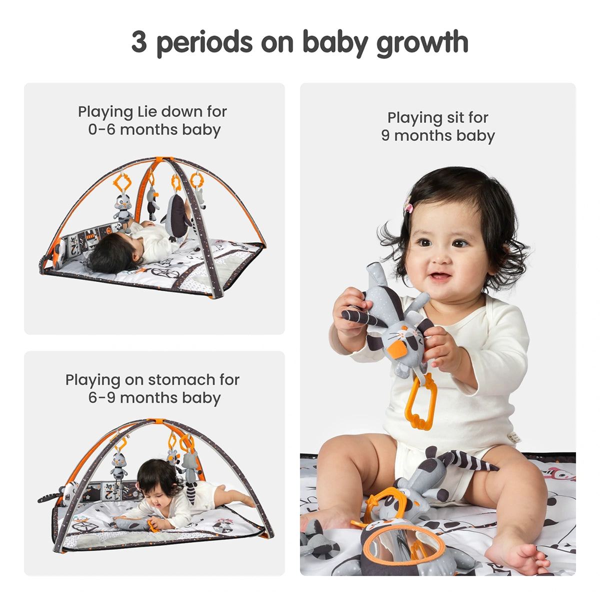 Baby black and white play gym mat with soft book 3 periods on baby growth 