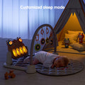 Baby sleeping on gray play gym mat with hanging rattles, piano keyboard in customized sleep mode glowing with warm yellow lights, cozy tent setup in the background with soft lighting.