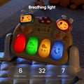 Close-up of baby gym musical piano keyboard with breathing light mode, 4 colorful illuminated keys, cute cartoon design, 6 LED light sources, 32 lighting effects, and 7 natural colors.