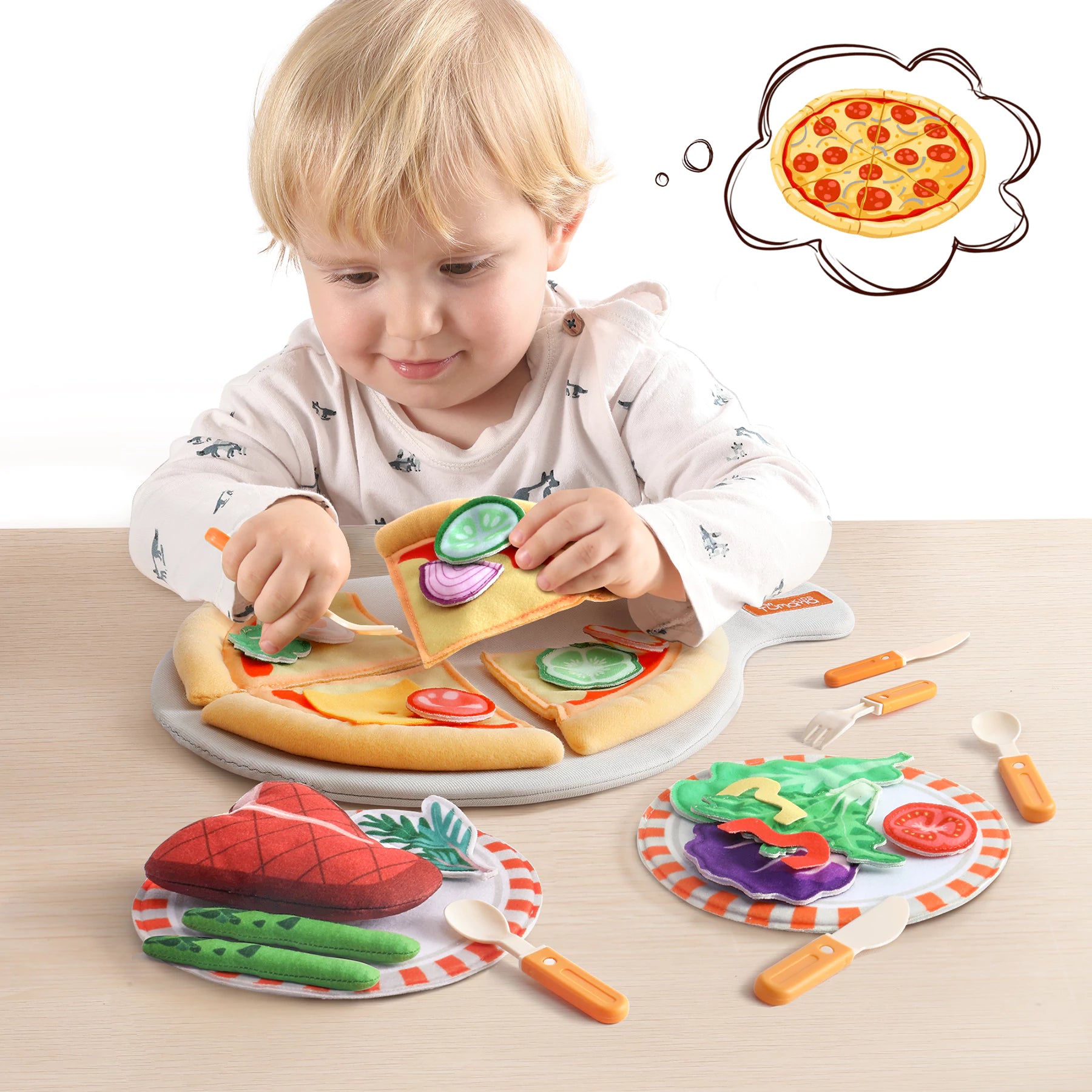 Simulation features in pizza, salad, and steak food play set